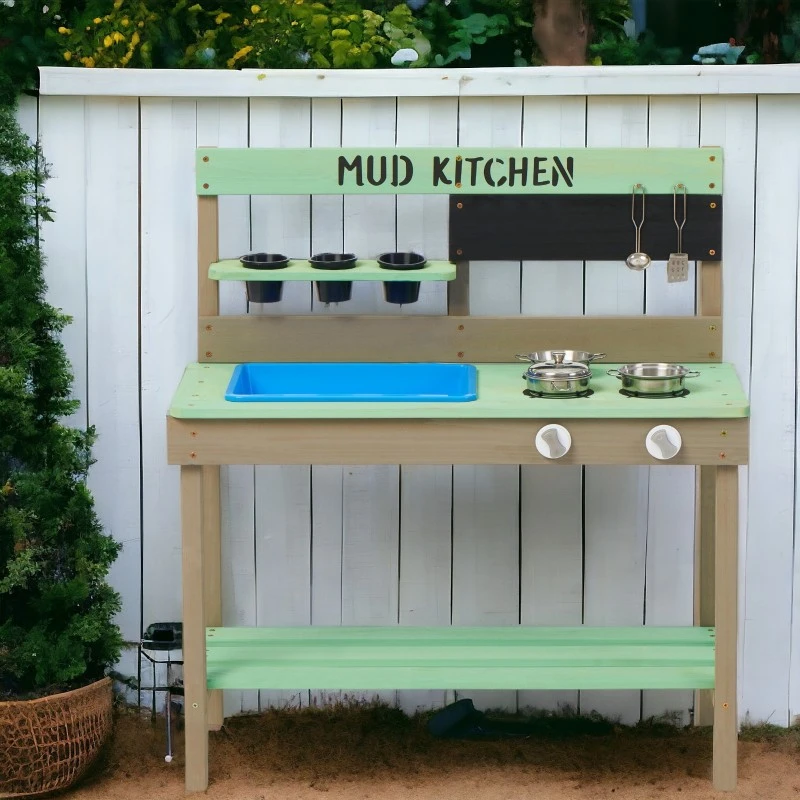 Детска Градинска Кухня GINGER HOME, Дървена, Игра на Открито, Подарък за Деца от 3 до 8 години, 80х37х88 см.