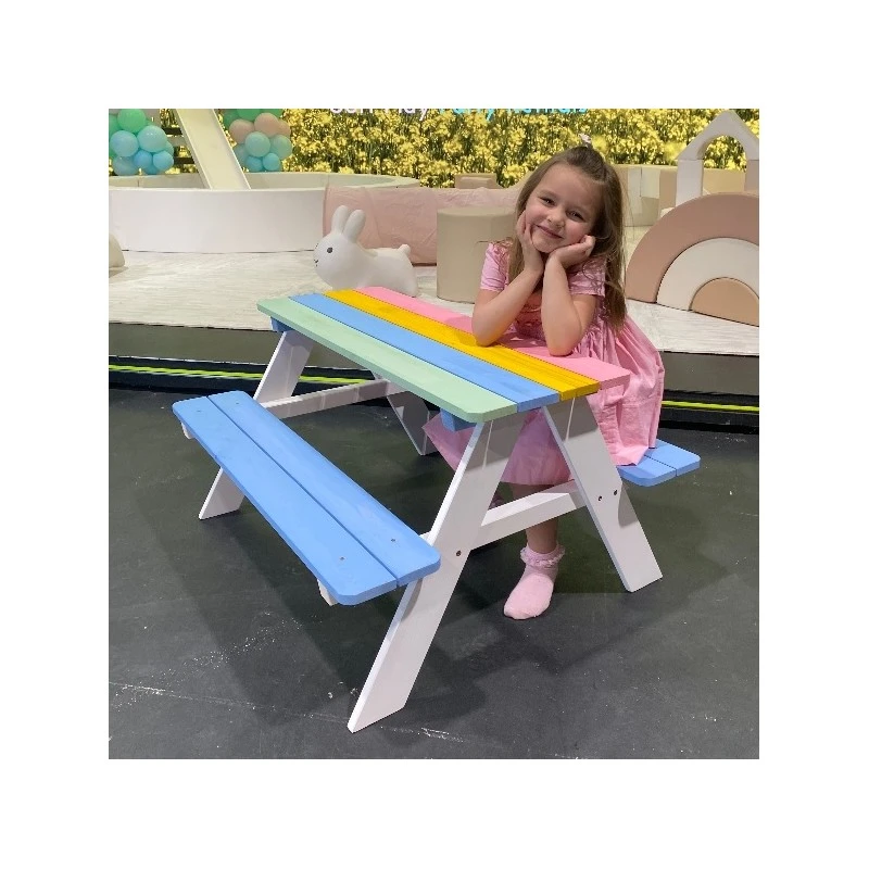 Градински Комплект GINGER HOME, Детска Маса за Пикник с Пейки, Дървен, Игри на Открито, RAINBOW, 89х79х50 см.