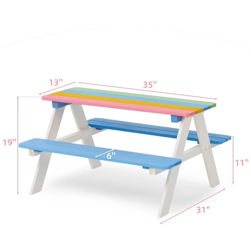 Градински Комплект GINGER HOME, Детска Маса за Пикник с Пейки, Дървен, Игри на Открито, RAINBOW, 89х79х50 см.