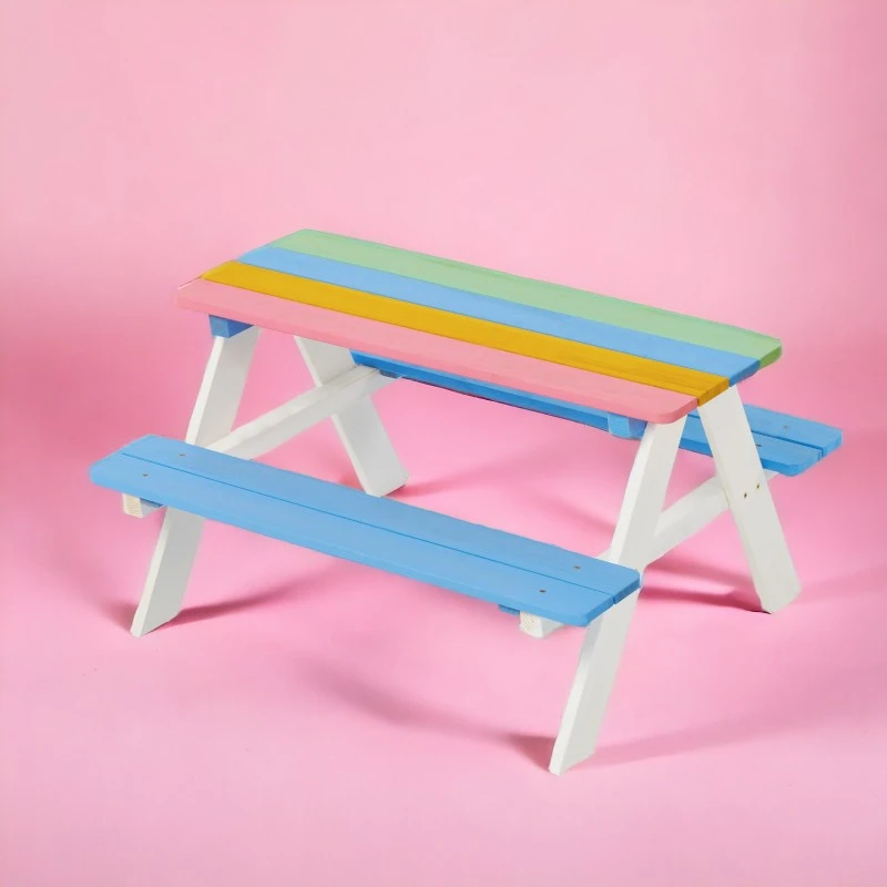 Градински Комплект GINGER HOME, Детска Маса за Пикник с Пейки, Дървен, Игри на Открито, RAINBOW, 89х79х50 см.