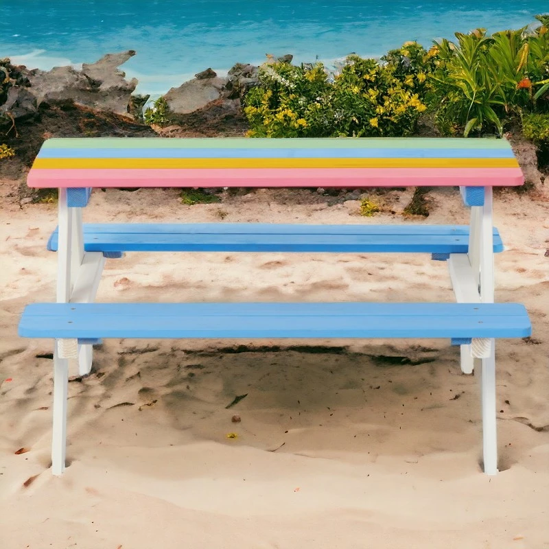 Градински Комплект GINGER HOME, Детска Маса за Пикник с Пейки, Дървен, Игри на Открито, RAINBOW, 89х79х50 см.