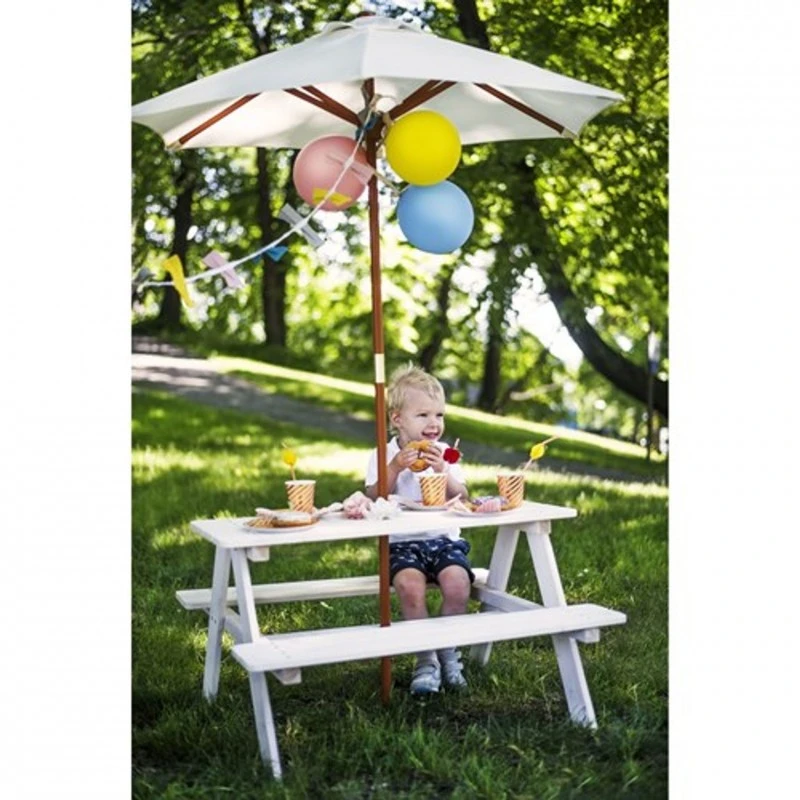 Градински Комплект GINGER HOME, Детска Маса за Пикник, Чадър anti-UV 30+,  Дървен, Игри на Открито, Бял, 89х79х50 см.