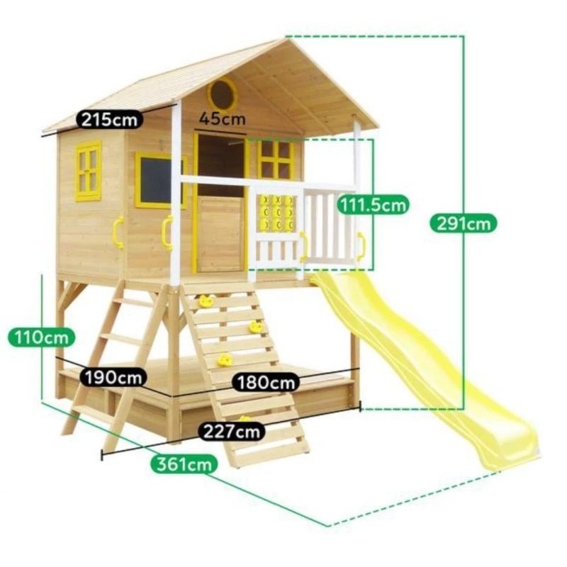Голяма Детска Къща GINGER HOME с Пясъчник и Пързалка, за Игра на Открито в Двора и Градината, Дървена, 258х271.5х291 см.