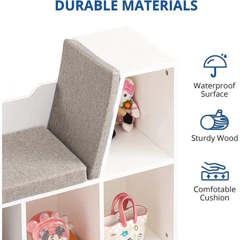 3 в 1 Детска Етажерка, Библиотека и Пейка, 6 Отделения за Съхранение на Играчки и Книжки, Подарък за 3+ години