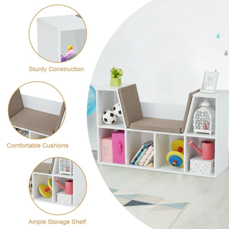 3 в 1 Детска Етажерка, Библиотека и Пейка, 6 Отделения за Съхранение на Играчки и Книжки, Подарък за 3+ години