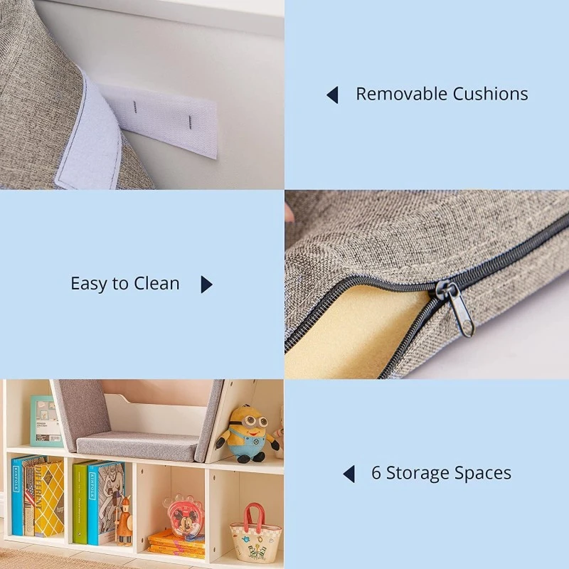 3 в 1 Детска Етажерка, Библиотека и Пейка, 6 Отделения за Съхранение на Играчки и Книжки, Подарък за 3+ години