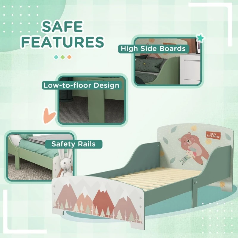 Детско Легло GINGER HOME, Защита от Падане, Дървено, Подматрачна Рамка 70х140 см, FOREST