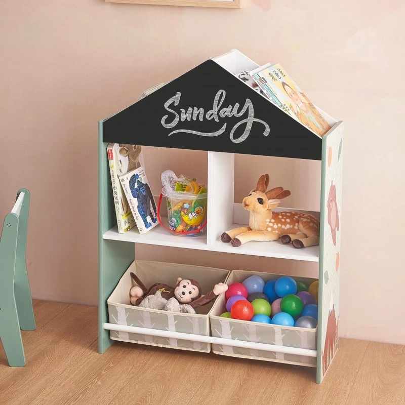 Детски Шкаф GINGER HOME, Етажерка за Играчки и Книжки  с Мече, Черна Дъска за Писане, Къщичка FOREST