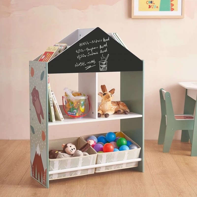 Детски Шкаф GINGER HOME, Етажерка за Играчки и Книжки  с Мече, Черна Дъска за Писане, Къщичка FOREST