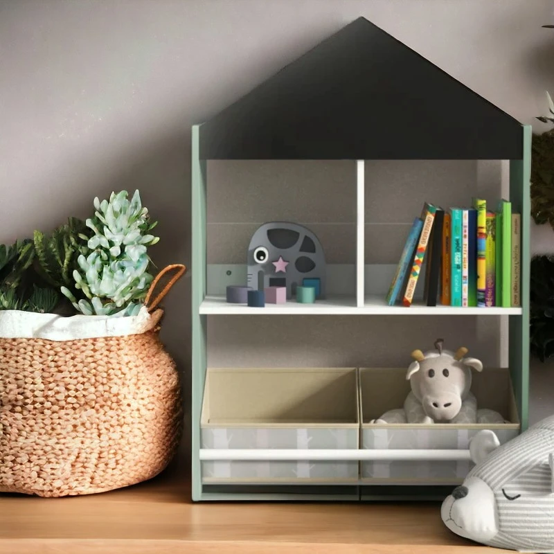 Детски Шкаф GINGER HOME, Етажерка за Играчки и Книжки  с Мече, Черна Дъска за Писане, Къщичка FOREST