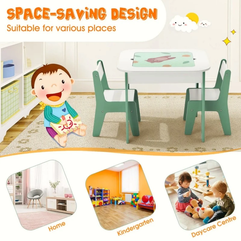 Детска Масичка със Столчета 4 в 1 GINGER HOME, 2 Плота, Черна дъска и Плот за Редене на Конструктори тип LEGO, FOREST