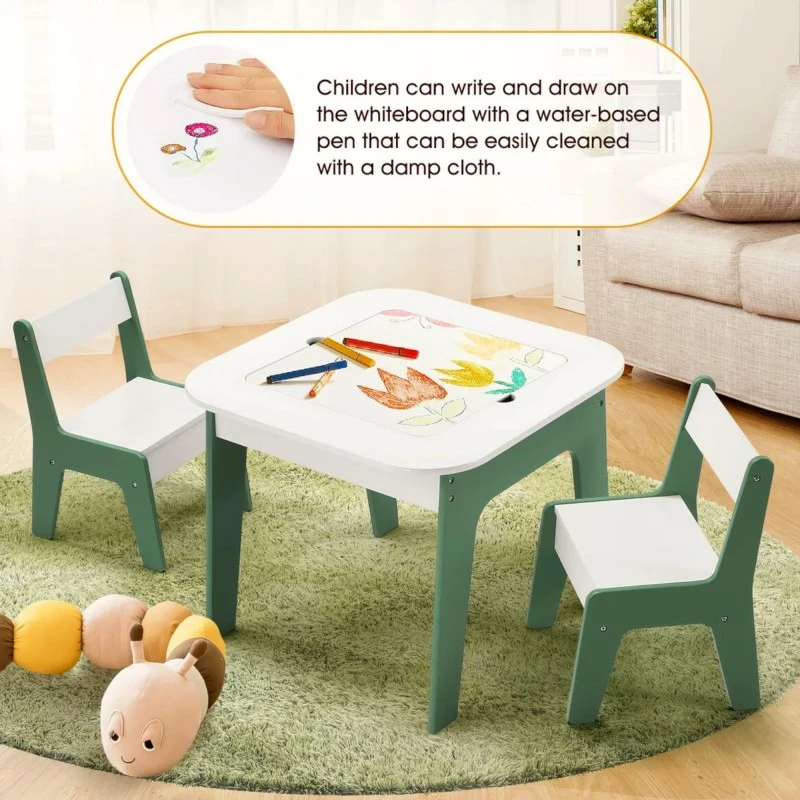 Детска Масичка със Столчета 4 в 1 GINGER HOME, 2 Плота, Черна дъска и Плот за Редене на Конструктори тип LEGO, FOREST