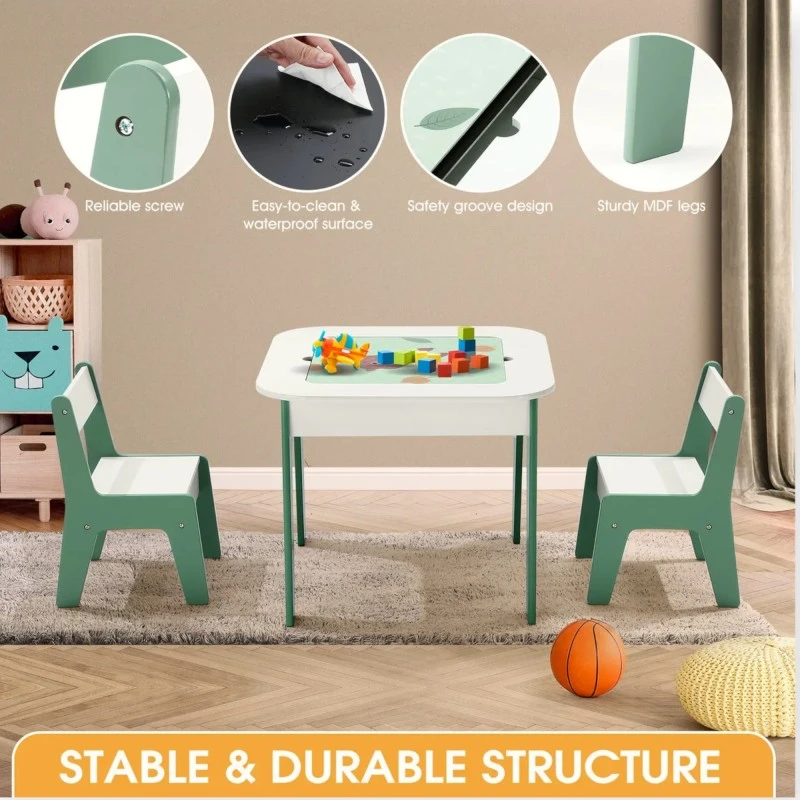 Детска Масичка със Столчета 4 в 1 GINGER HOME, 2 Плота, Черна дъска и Плот за Редене на Конструктори тип LEGO, FOREST