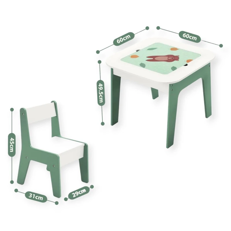 Детска Масичка със Столчета 4 в 1 GINGER HOME, 2 Плота, Черна дъска и Плот за Редене на Конструктори тип LEGO, FOREST