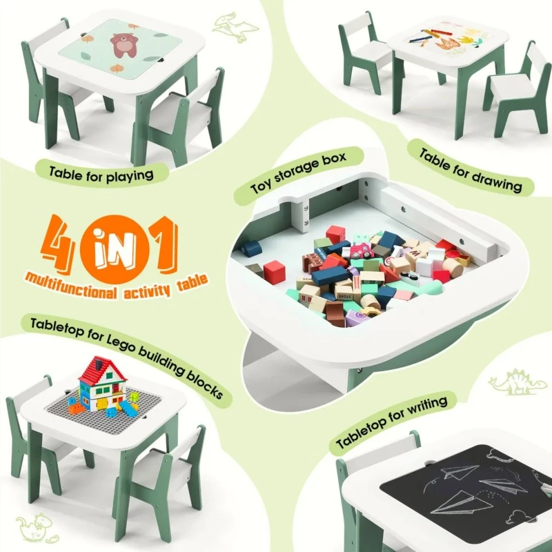 Детска Масичка със Столчета 4 в 1 GINGER HOME, 2 Плота, Черна дъска и Плот за Редене на Конструктори тип LEGO, FOREST