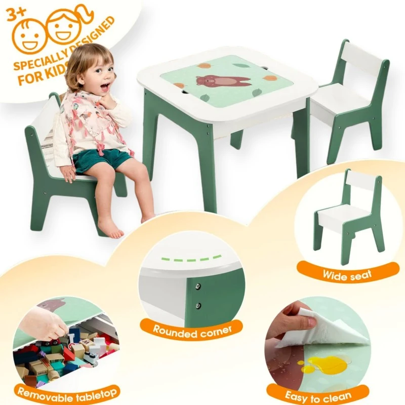 Детска Масичка със Столчета 4 в 1 GINGER HOME, 2 Плота, Черна дъска и Плот за Редене на Конструктори тип LEGO, FOREST