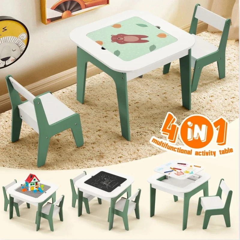 Детска Масичка със Столчета 4 в 1 GINGER HOME, 2 Плота, Черна дъска и Плот за Редене на Конструктори тип LEGO, FOREST