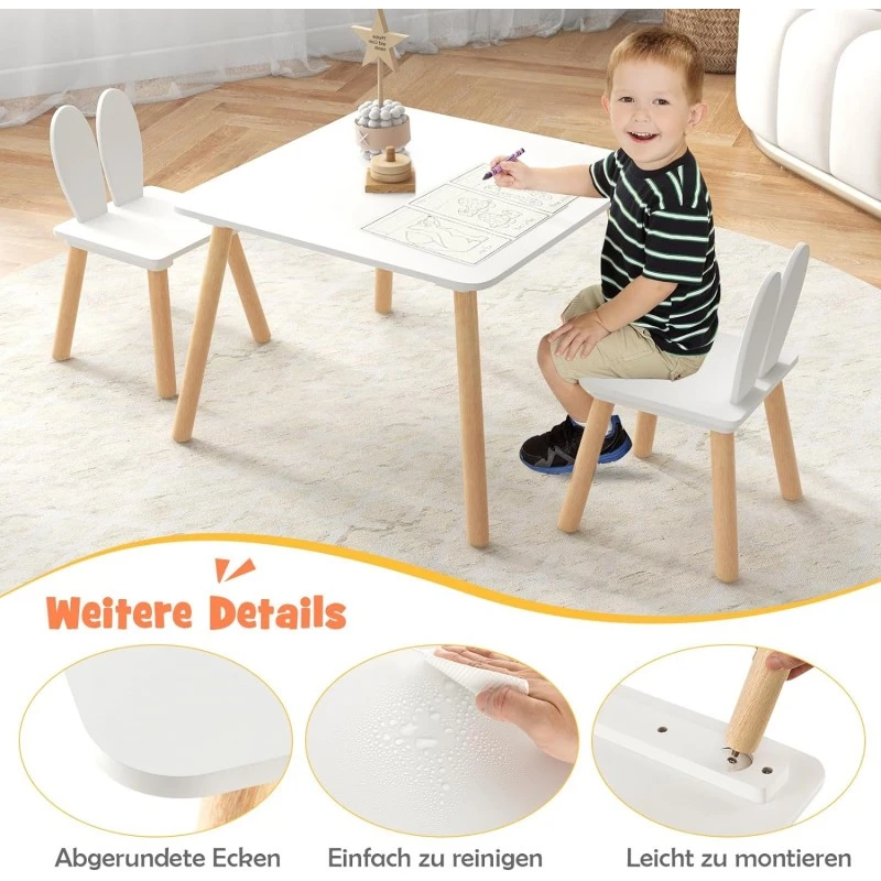 Детска Дървена Маса с 2 Столчета BUNNY, Комплект за Учене, Рисуване, Игра, Хранене, Бял