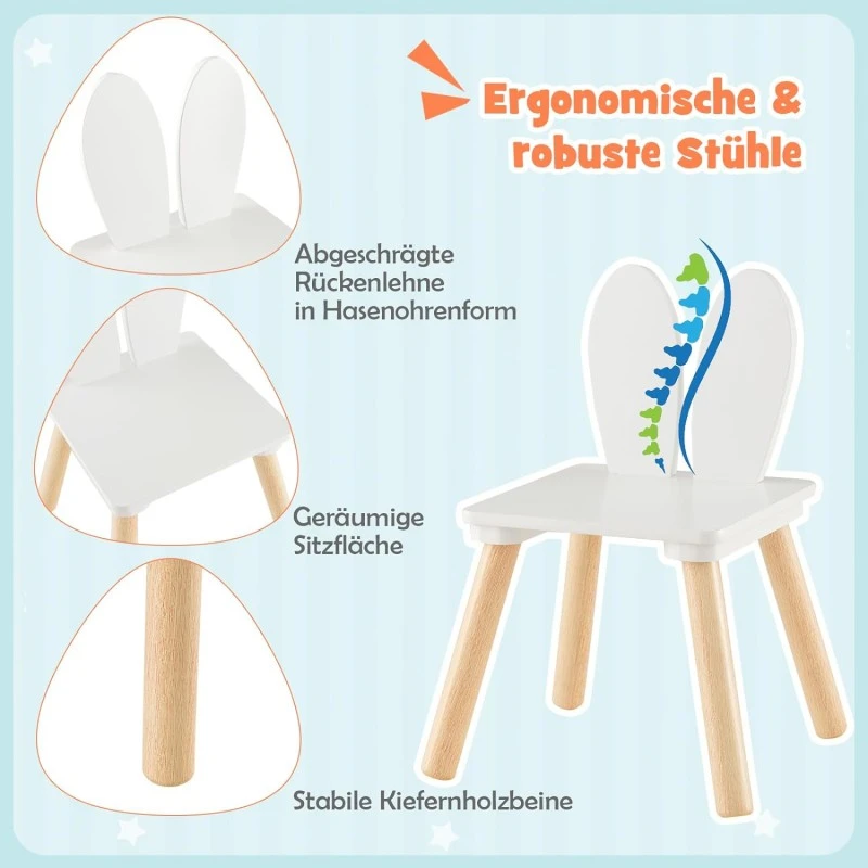 Детска Дървена Маса с 2 Столчета BUNNY, Комплект за Учене, Рисуване, Игра, Хранене, Бял