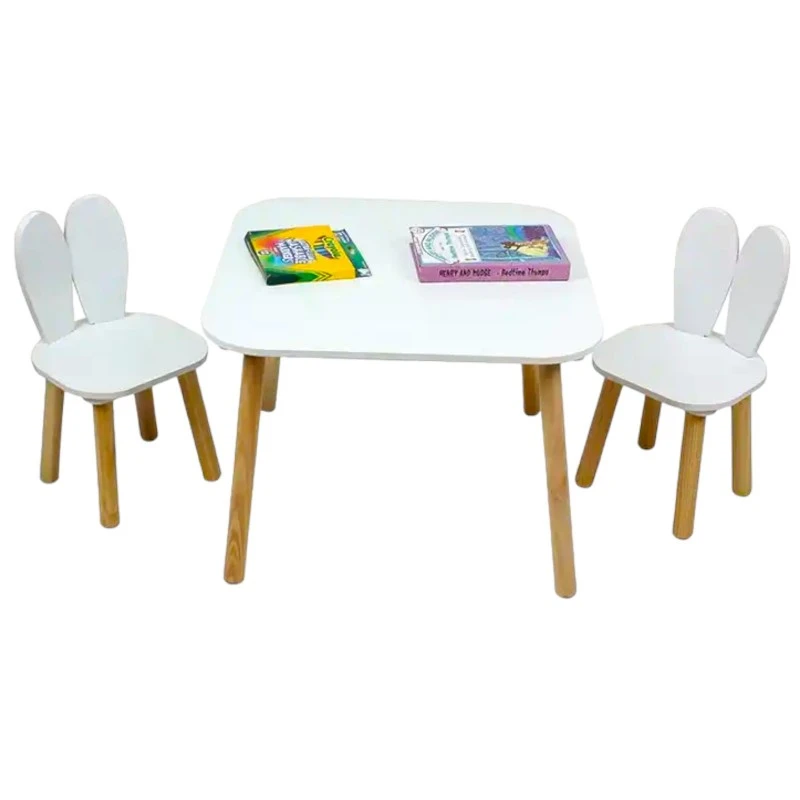 Детска Дървена Маса с 2 Столчета BUNNY, Комплект за Учене, Рисуване, Игра, Хранене, Бял