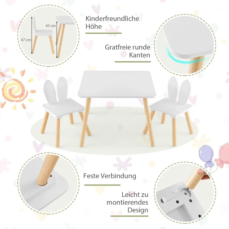 Детска Дървена Маса с 2 Столчета BUNNY, Комплект за Учене, Рисуване, Игра, Хранене, Бял