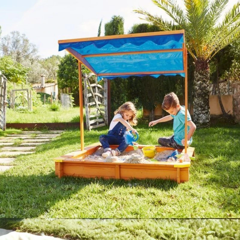 Детски пясъчник GINGER HOME, с регулируемeм, водоустойчив сенник-покривало anti-UV 30, дървен, 117х117 см