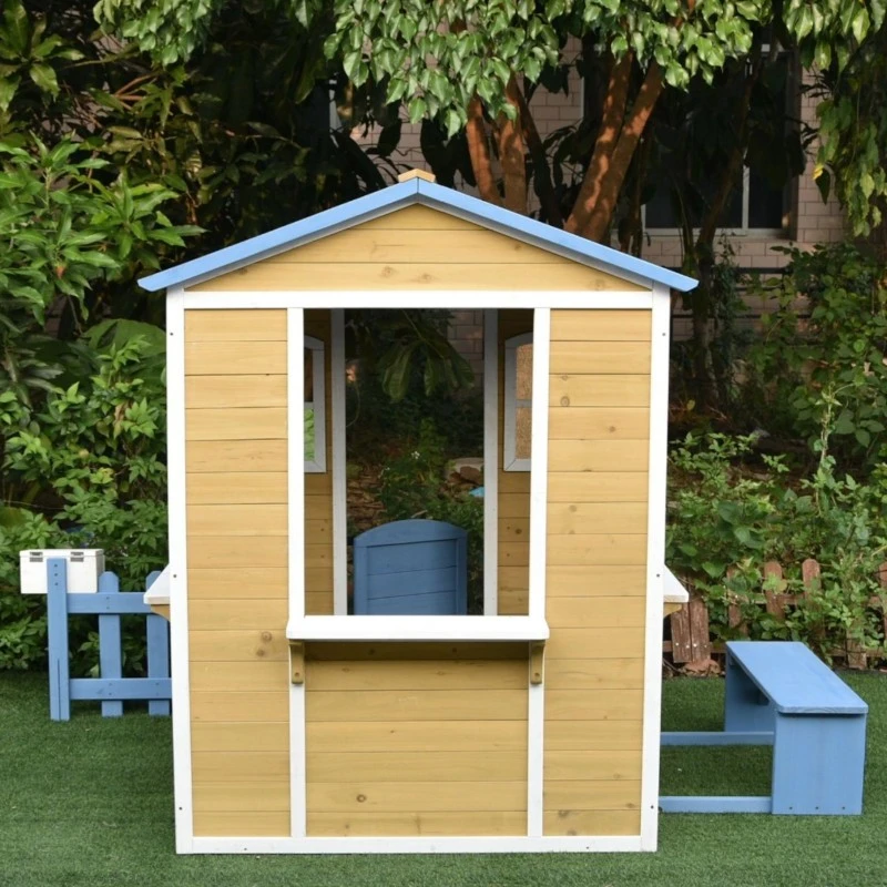 Детска Къща GINGER HOME, Дървена, Игра на Открито в Двора и Градината, Бяло, Синьо, 205х119х140 см.