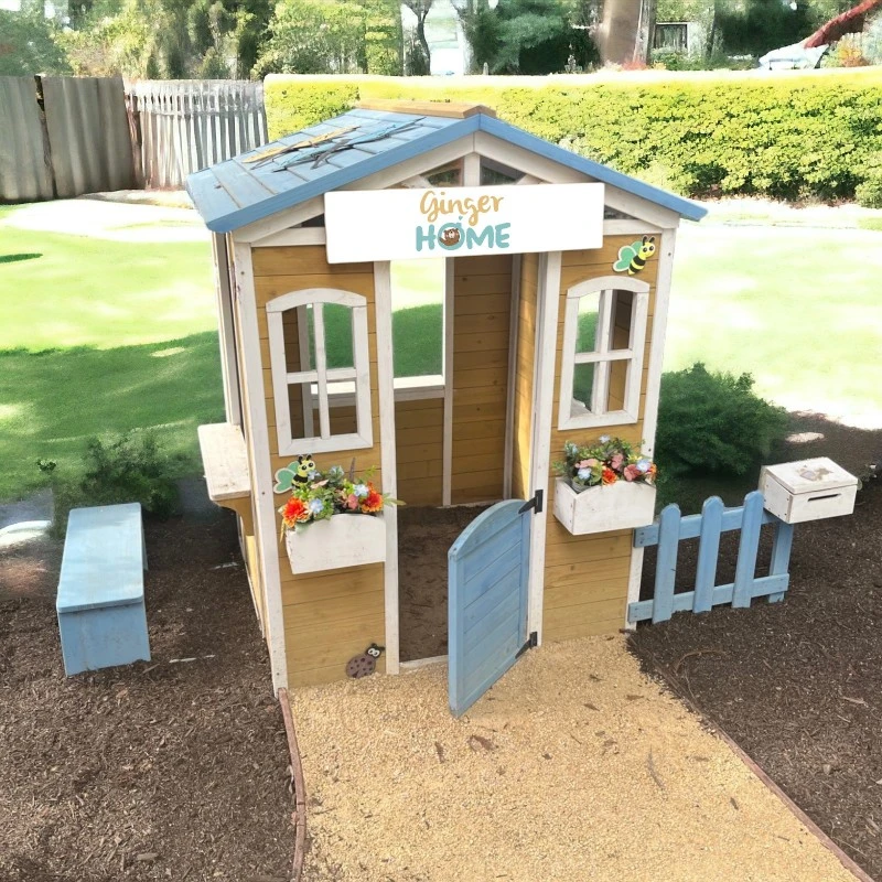 Детска Къща GINGER HOME, Дървена, Игра на Открито в Двора и Градината, Бяло, Синьо, 205х119х140 см.