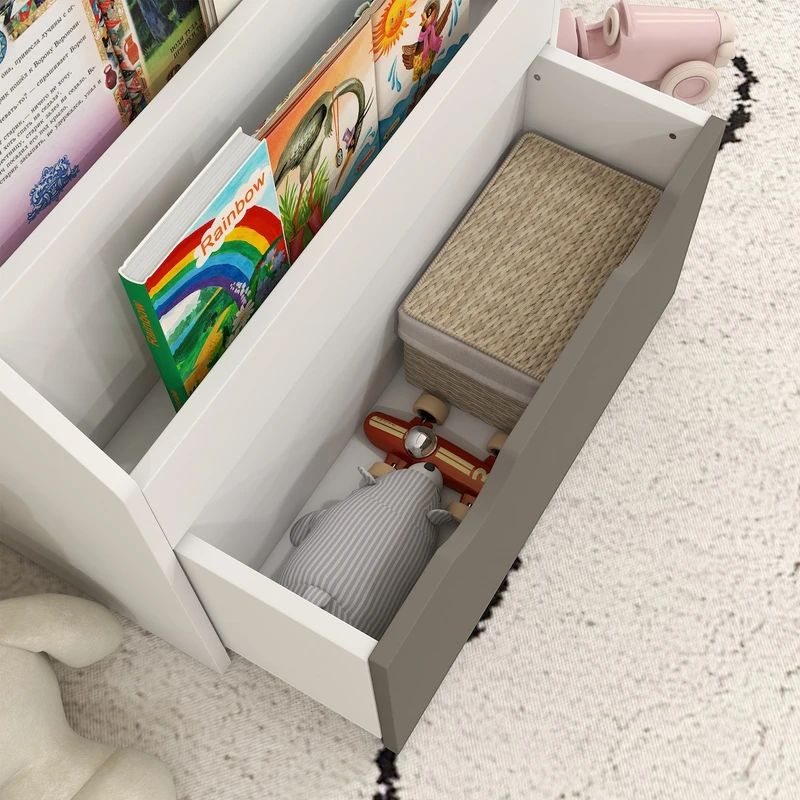 Детска Етажерка за Книги GINGER HOME, Бяла Библиотека с Чекмедже на Колелца, 63×30×70 см