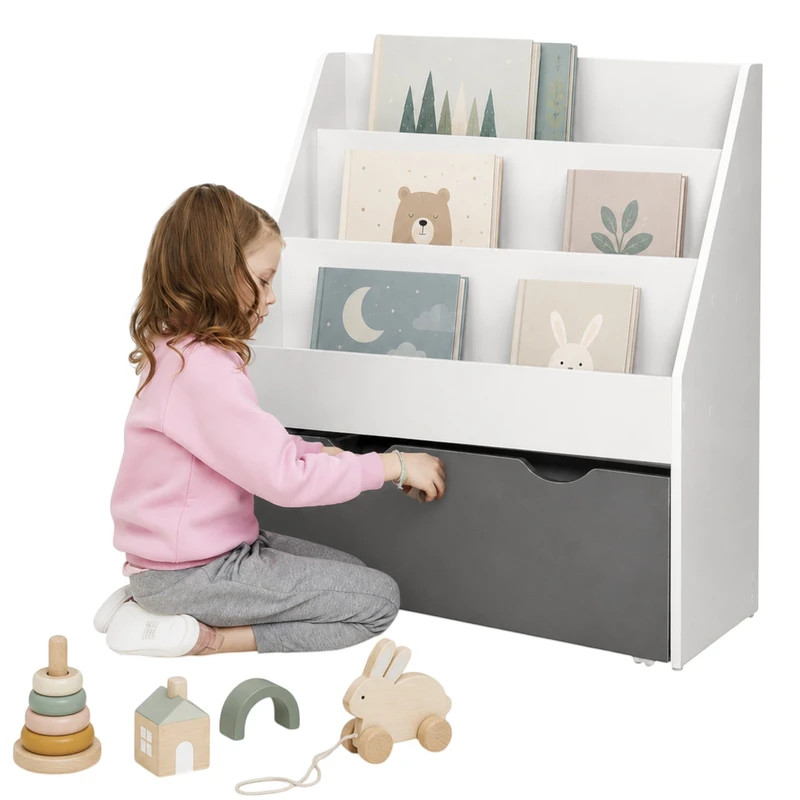 Детска Етажерка за Книги GINGER HOME, Бяла Библиотека с Чекмедже на Колелца, 63×30×70 см