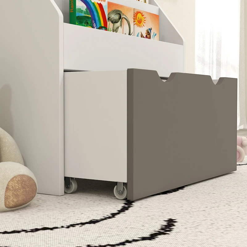 Детска Етажерка за Книги GINGER HOME, Бяла Библиотека с Чекмедже на Колелца, 63×30×70 см