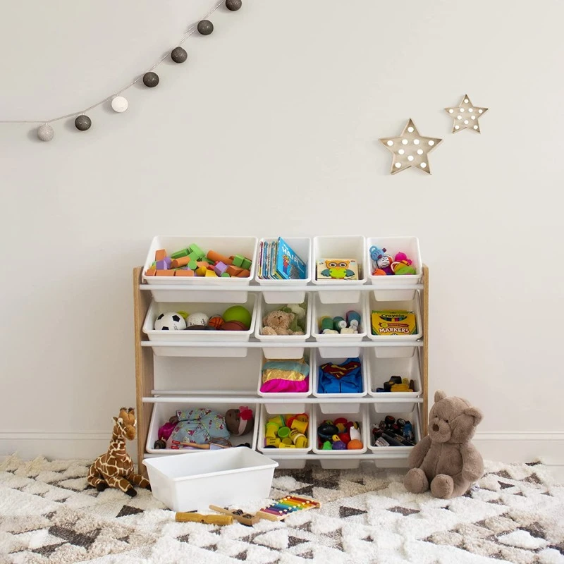 Детски Дървен Органайзер Голям, Eтажерка за Съхранение на Играчки и Книжки, Секция за Детска Стая - WOOD/WHITE