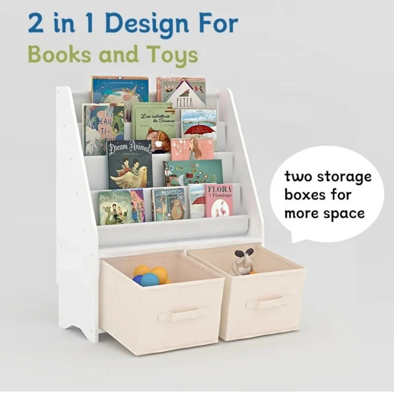 Детски Органайзер 2 в 1 GINGER HOME – Етажерка за Книжки и Кутии за Играчки, Бял, Монтесори Метод