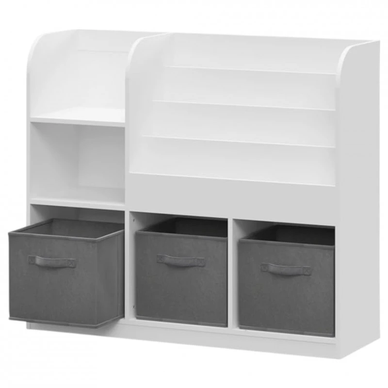 Детски Органайзер GINGER HOME, Етажерка с Рафтове за Играчки и Книги, 3 Текстилни Кутии, Дървен, Бял, 92x30x80 см, Монтесори