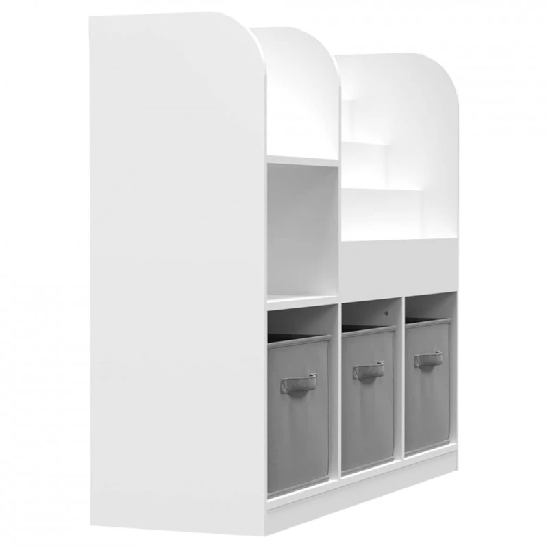 Детски Органайзер GINGER HOME, Етажерка с Рафтове за Играчки и Книги, 3 Текстилни Кутии, Дървен, Бял, 92x30x80 см, Монтесори