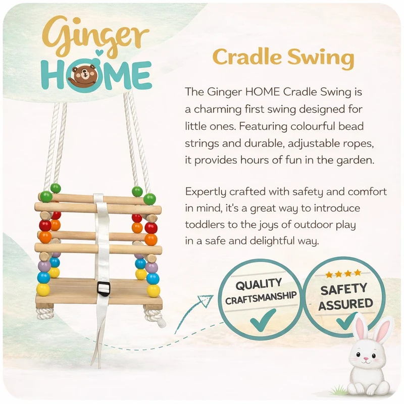 Детска Дървена Люлка GINGER HOME с Колан и Бордове – до 25 кг, 30 × 30 см