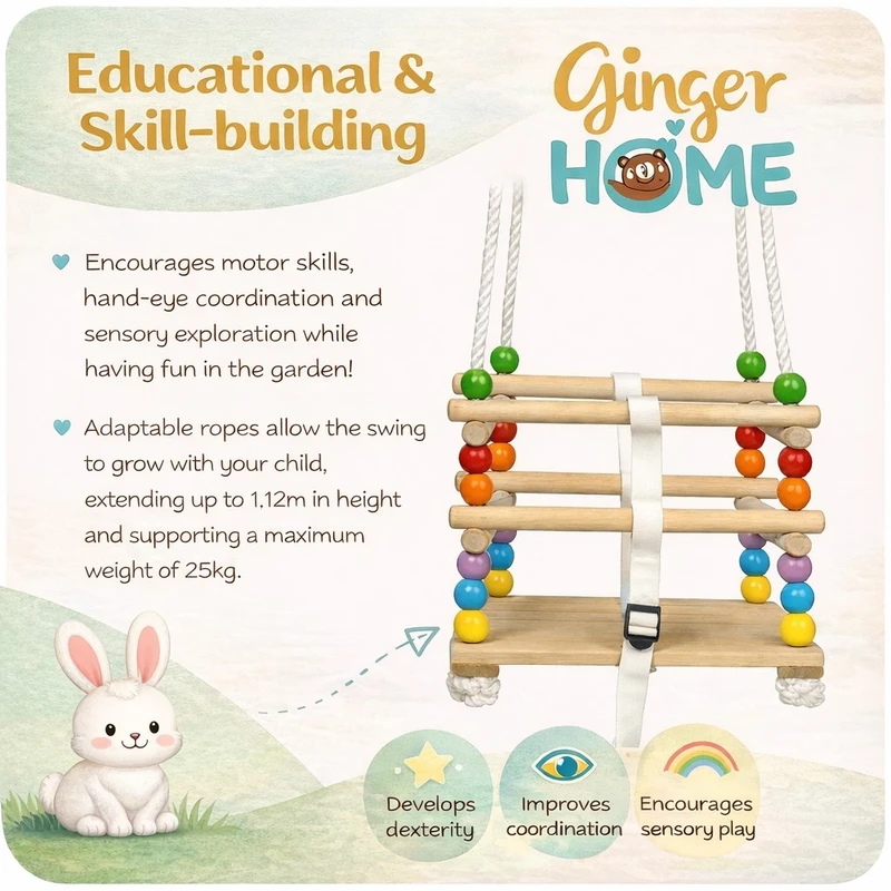 Детска Дървена Люлка GINGER HOME с Колан и Бордове – до 25 кг, 30 × 30 см