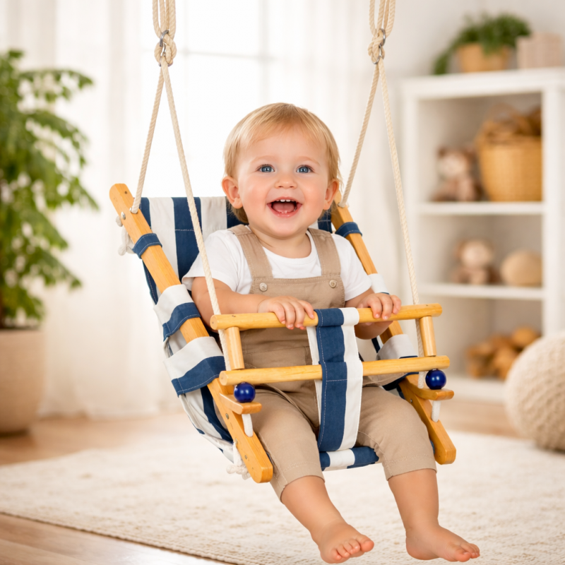 Детска Дървена Люлка Тип Шезлонг GINGER HOME с Мека Памучна Седалка и Предпазен Борд – 36×24×57 см