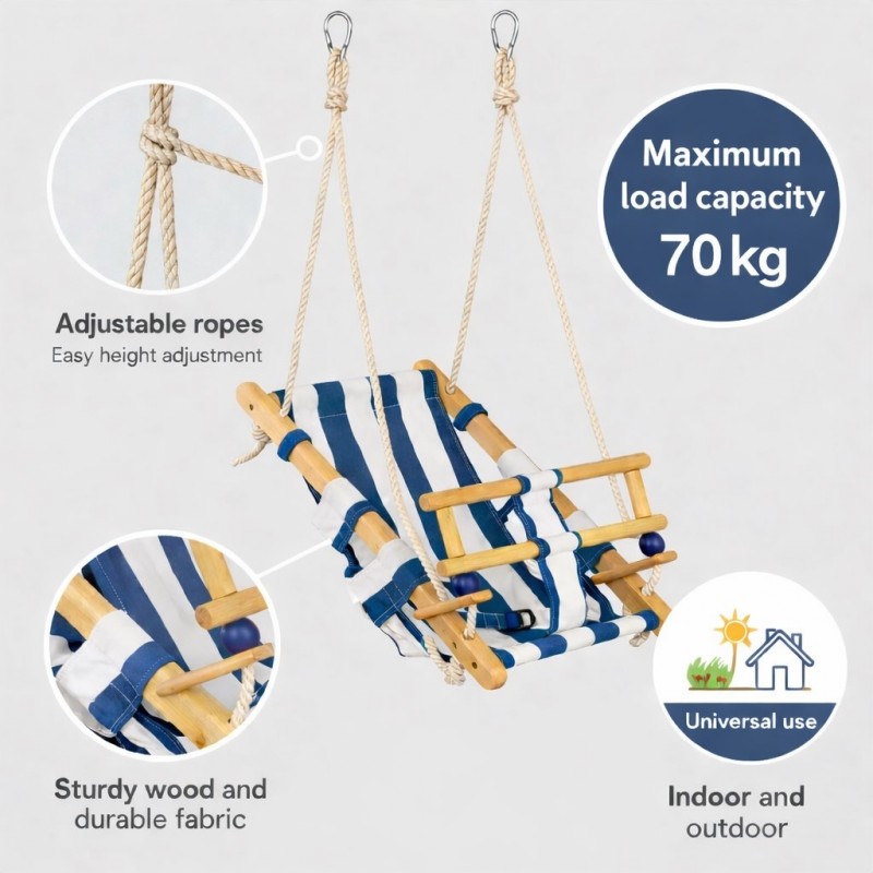 Детска Дървена Люлка Тип Шезлонг GINGER HOME с Мека Памучна Седалка и Предпазен Борд – 36×24×57 см