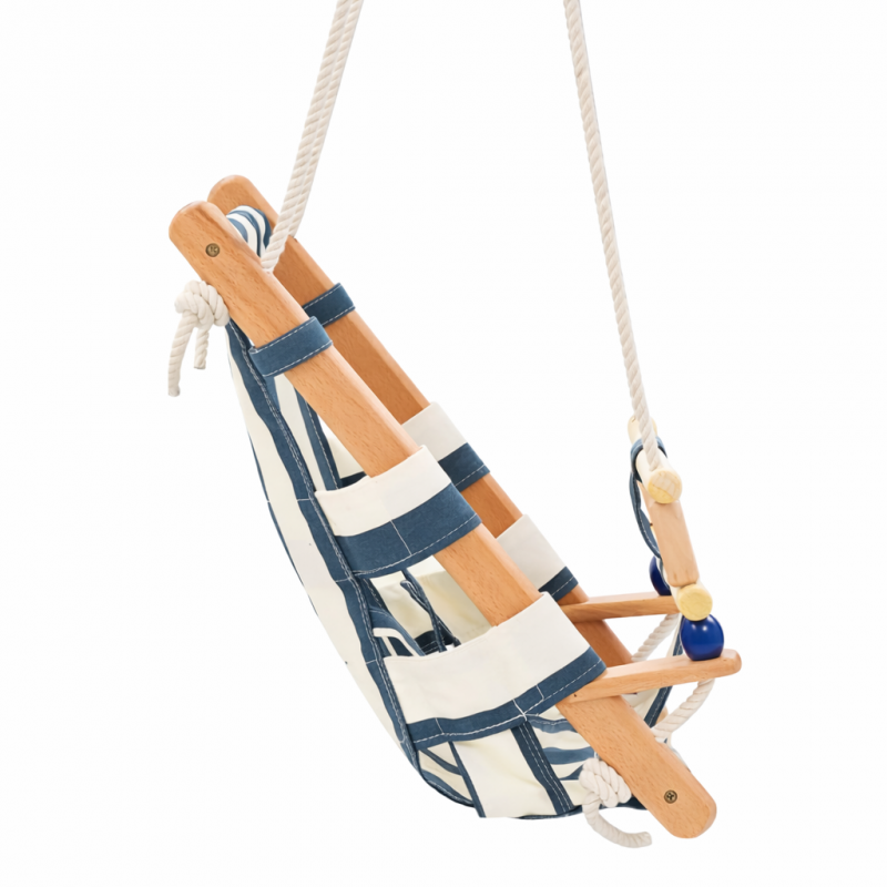 Детска Дървена Люлка Тип Шезлонг GINGER HOME с Мека Памучна Седалка и Предпазен Борд – 36×24×57 см