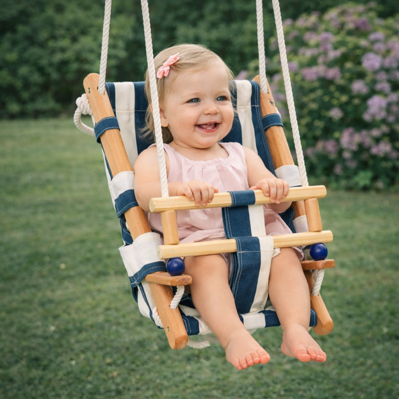 Детска Дървена Люлка Тип Шезлонг GINGER HOME с Мека Памучна Седалка и Предпазен Борд – 36×24×57 см