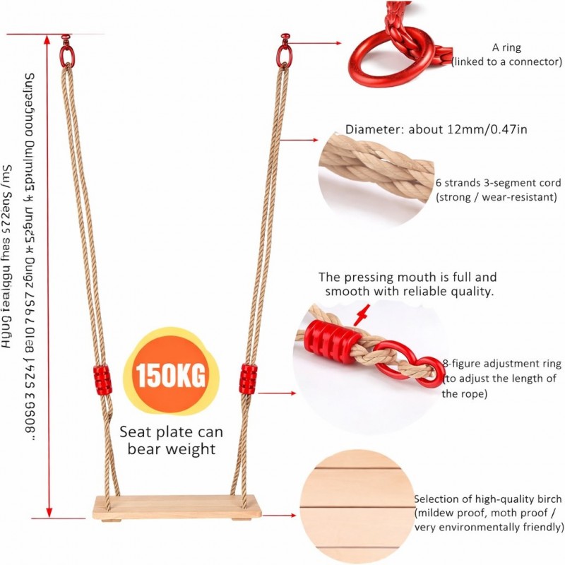 Детска Дървена Люлка с Плоска Седалка и Въже GINGER HOME – Натурално Дърво, 33×17×2.5 см