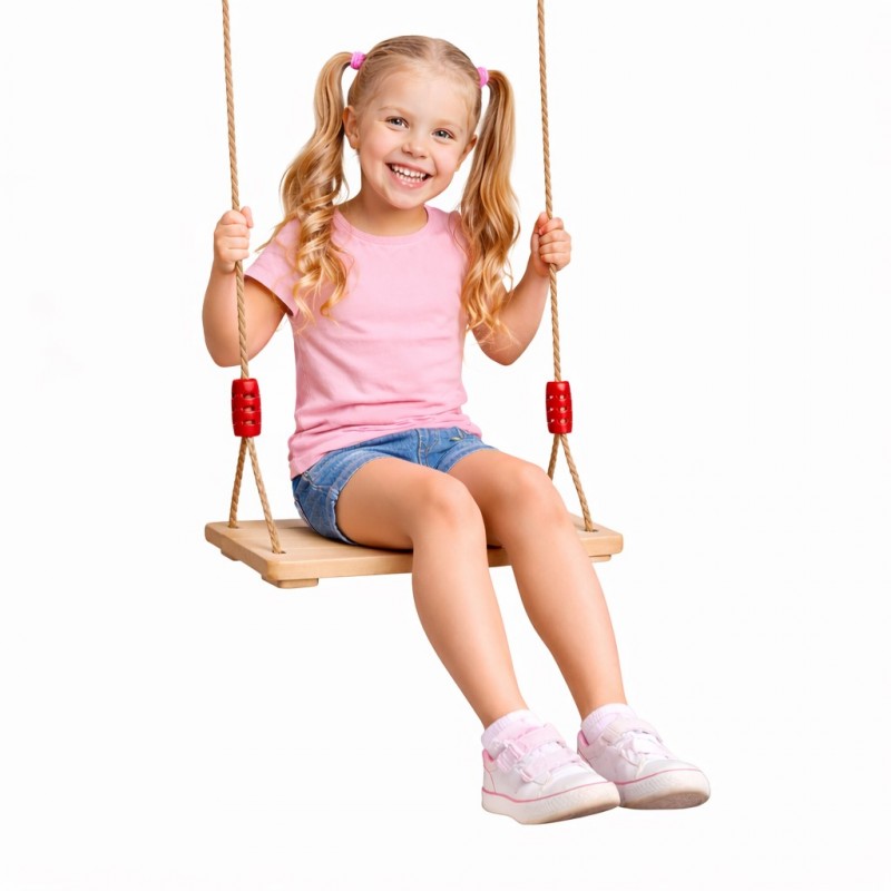 Детска Дървена Люлка с Плоска Седалка и Въже GINGER HOME – Натурално Дърво, 33×17×2.5 см