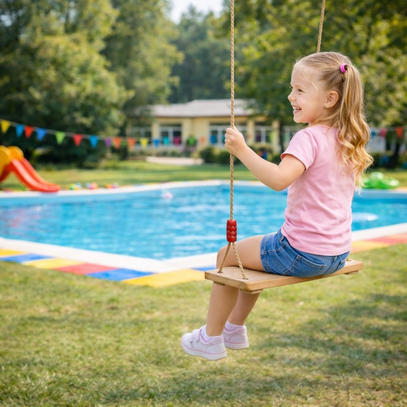 Детска Дървена Люлка с Плоска Седалка и Въже GINGER HOME – Натурално Дърво, 33×17×2.5 см