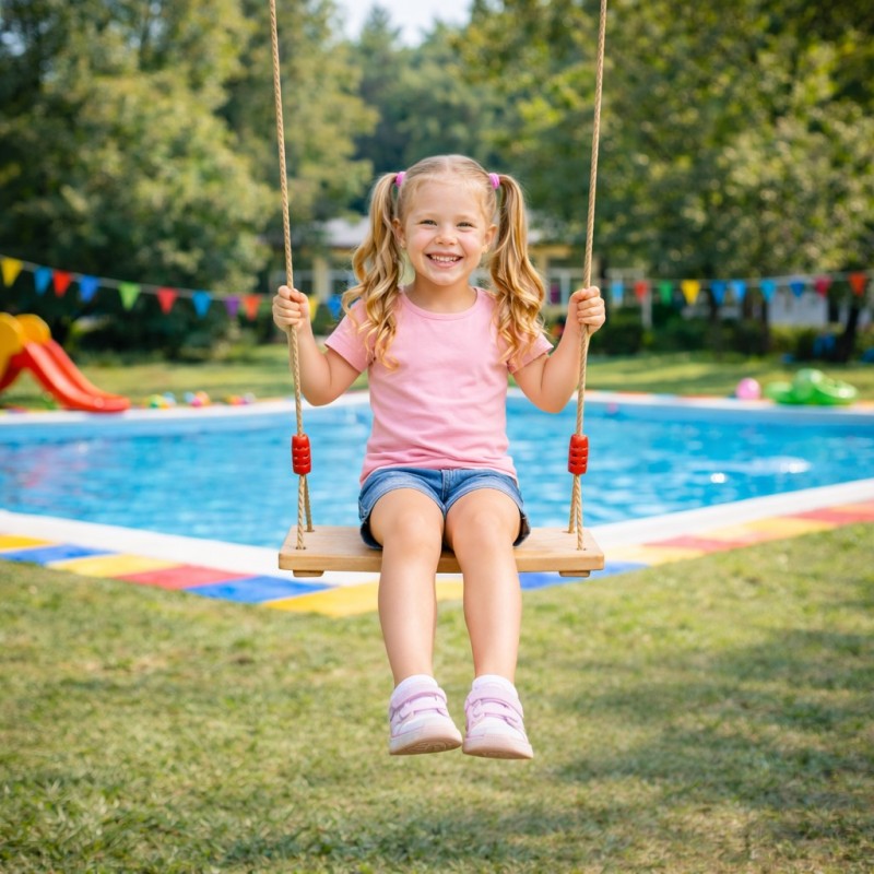 Детска Дървена Люлка с Плоска Седалка и Въже GINGER HOME – Натурално Дърво, 33×17×2.5 см