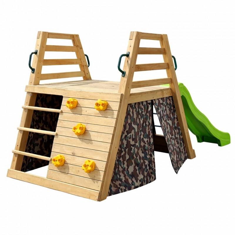 Детска Пързалка с Катерушка GINGER HOME – Дървен Комплект за Игра с Мрежа и Палатка, 285×152×123 см