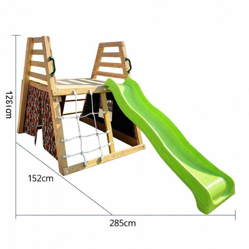 Детска Пързалка с Катерушка GINGER HOME – Дървен Комплект за Игра с Мрежа и Палатка, 285×152×123 см