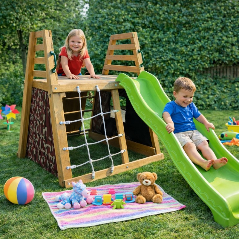 Детска Пързалка с Катерушка GINGER HOME – Дървен Комплект за Игра с Мрежа и Палатка, 285×152×123 см