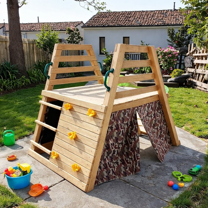 Детска Пързалка с Катерушка GINGER HOME – Дървен Комплект за Игра с Мрежа и Палатка, 285×152×123 см