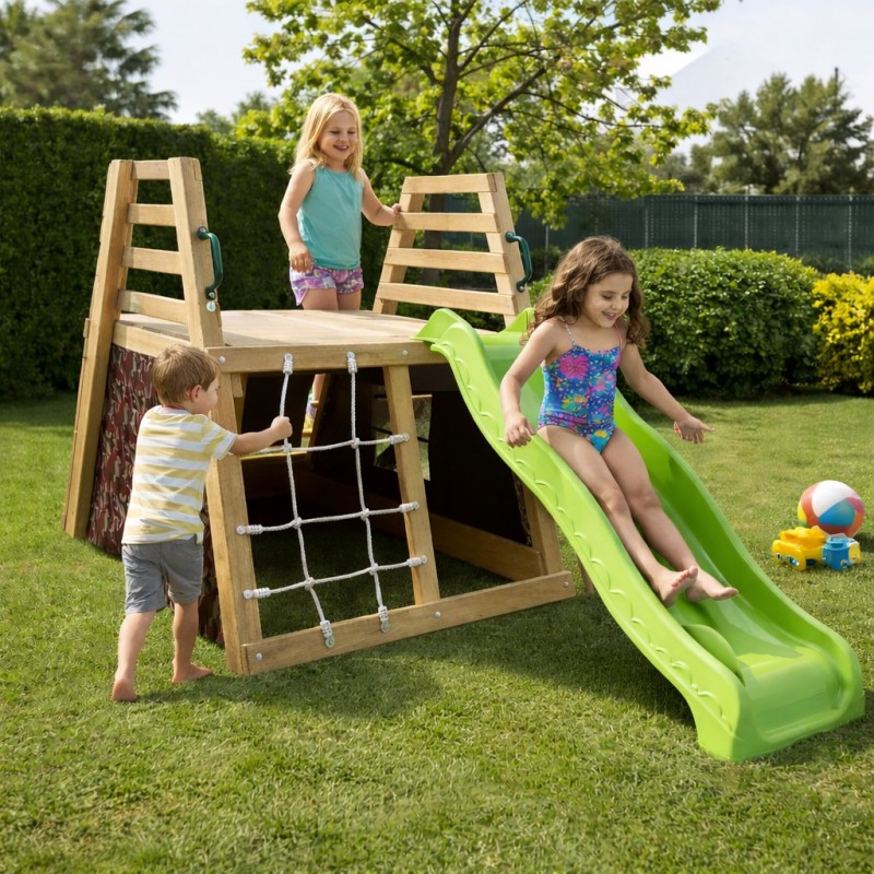 Детска Пързалка с Катерушка GINGER HOME – Дървен Комплект за Игра с Мрежа и Палатка, 285×152×123 см